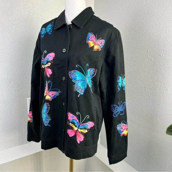 Easy Spirit 100% Cotton Black Button Up Breaded Butterfly Jacket Women’s Size L - Picture 3 of 14